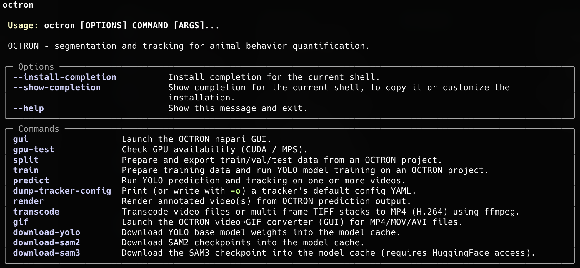 Output of the octron --help command listing all subcommands